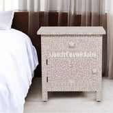 Bone Inlay Floral Design 1 Drawer 1 Door Bedside Table Blush Pink